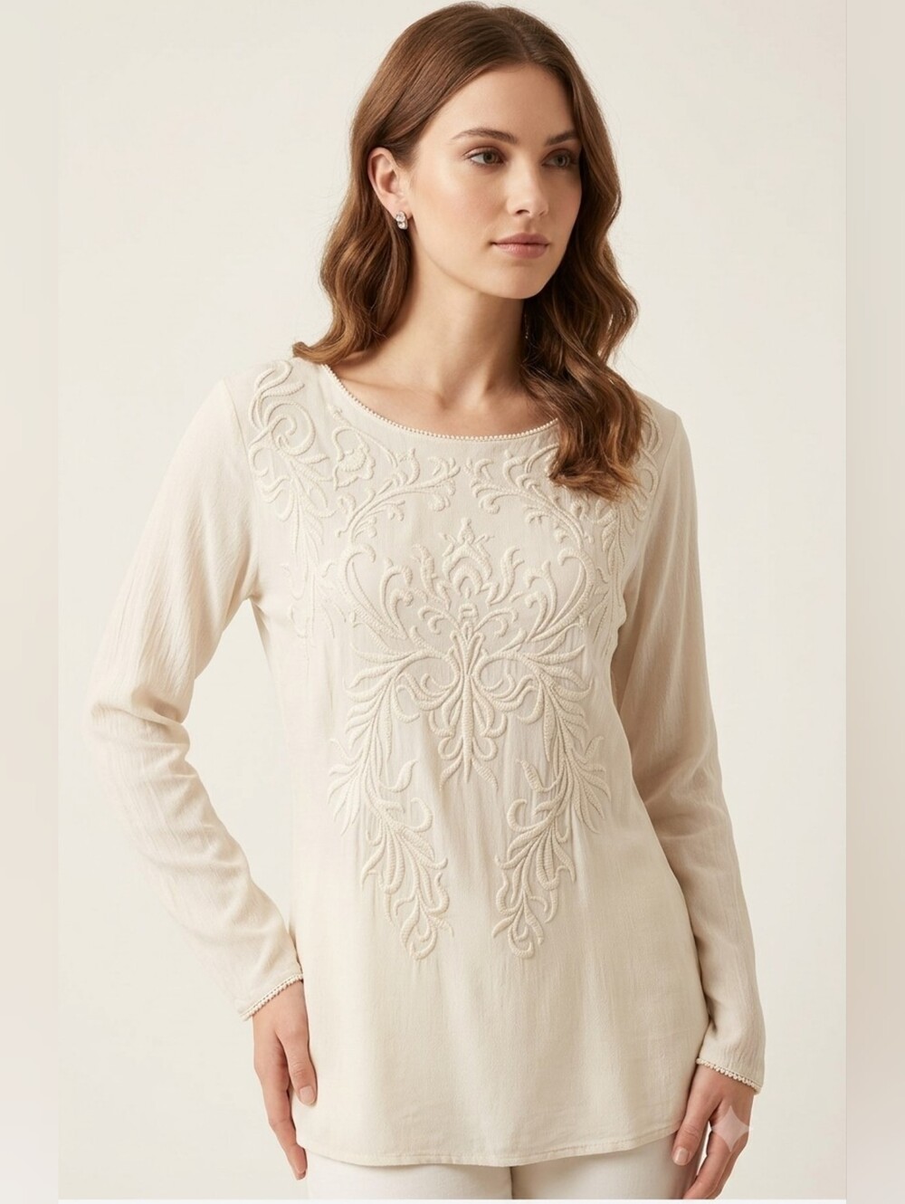 Johnny Was Cream Embroidered Long-Sleeve Tee Size M